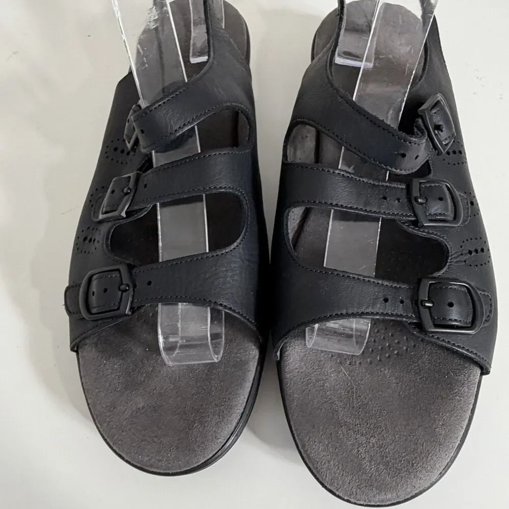 SAS Sandals Womens 9.5 Black Leather Caress Slingback Ankle Strap Wedge Heel USA